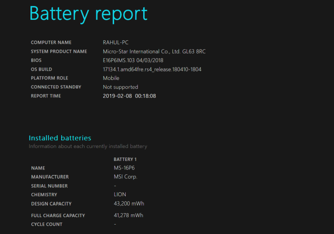 powercfg battery report analysis