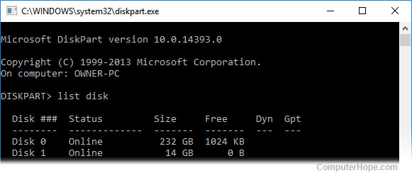 Using Windows diskpart to list disks