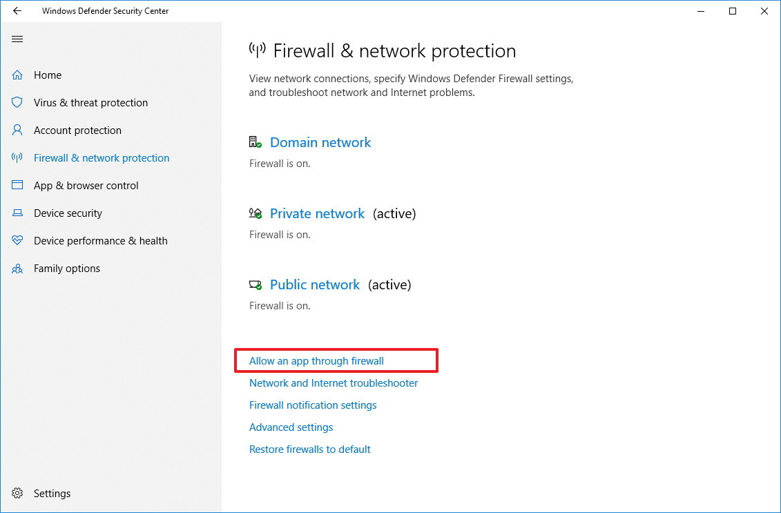 Windows Defender Security Center firewall settings