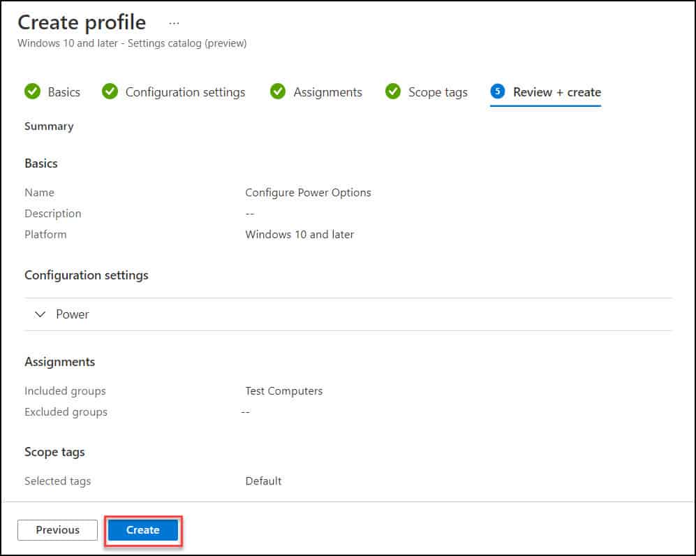 Review and Create - Configure Power Options using Intune