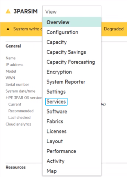 HPE StoreServ Management Console Dropdown